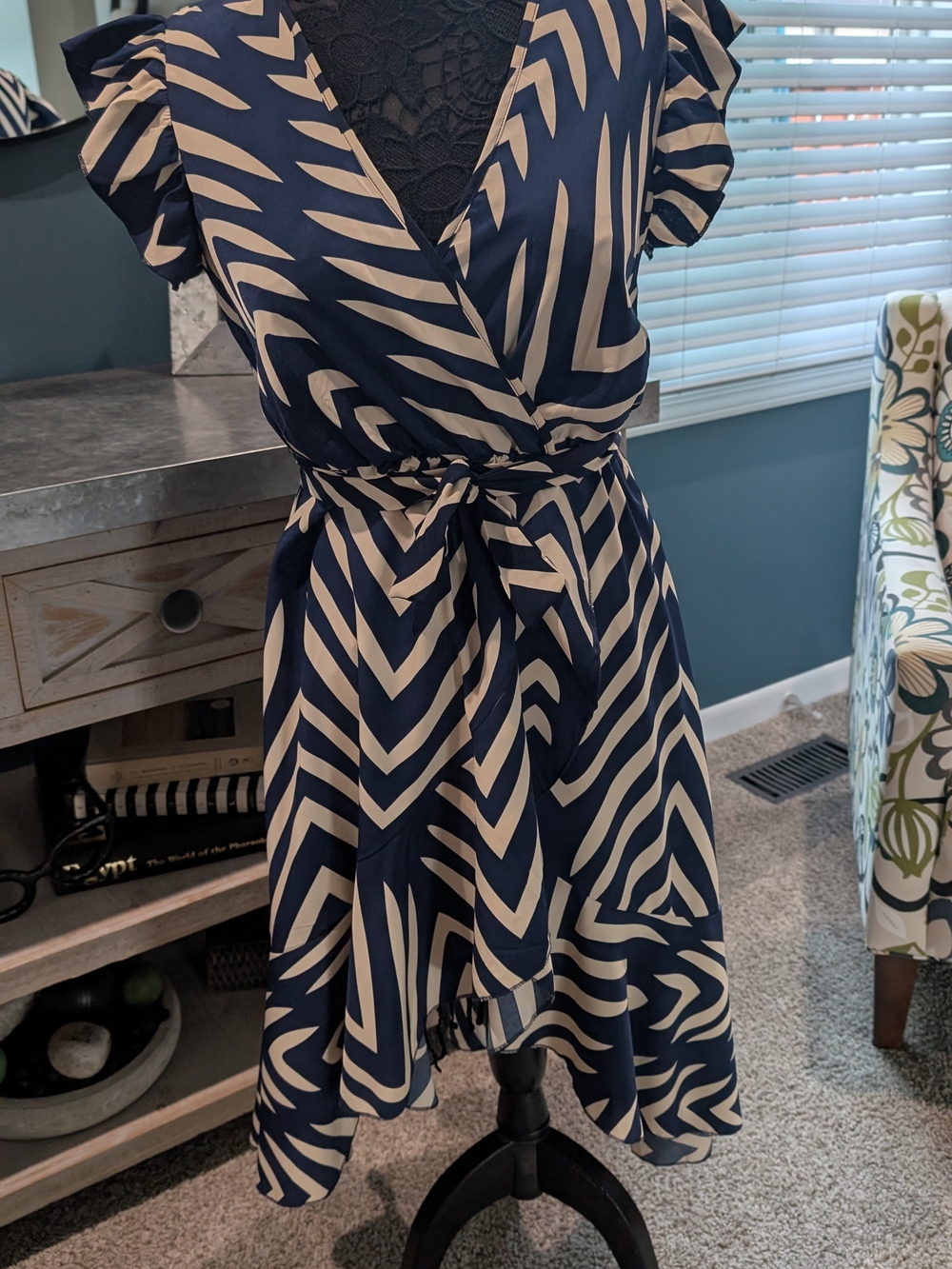 SHEIN Navy and Cream Asymmetrical Stripe Wrap Dress